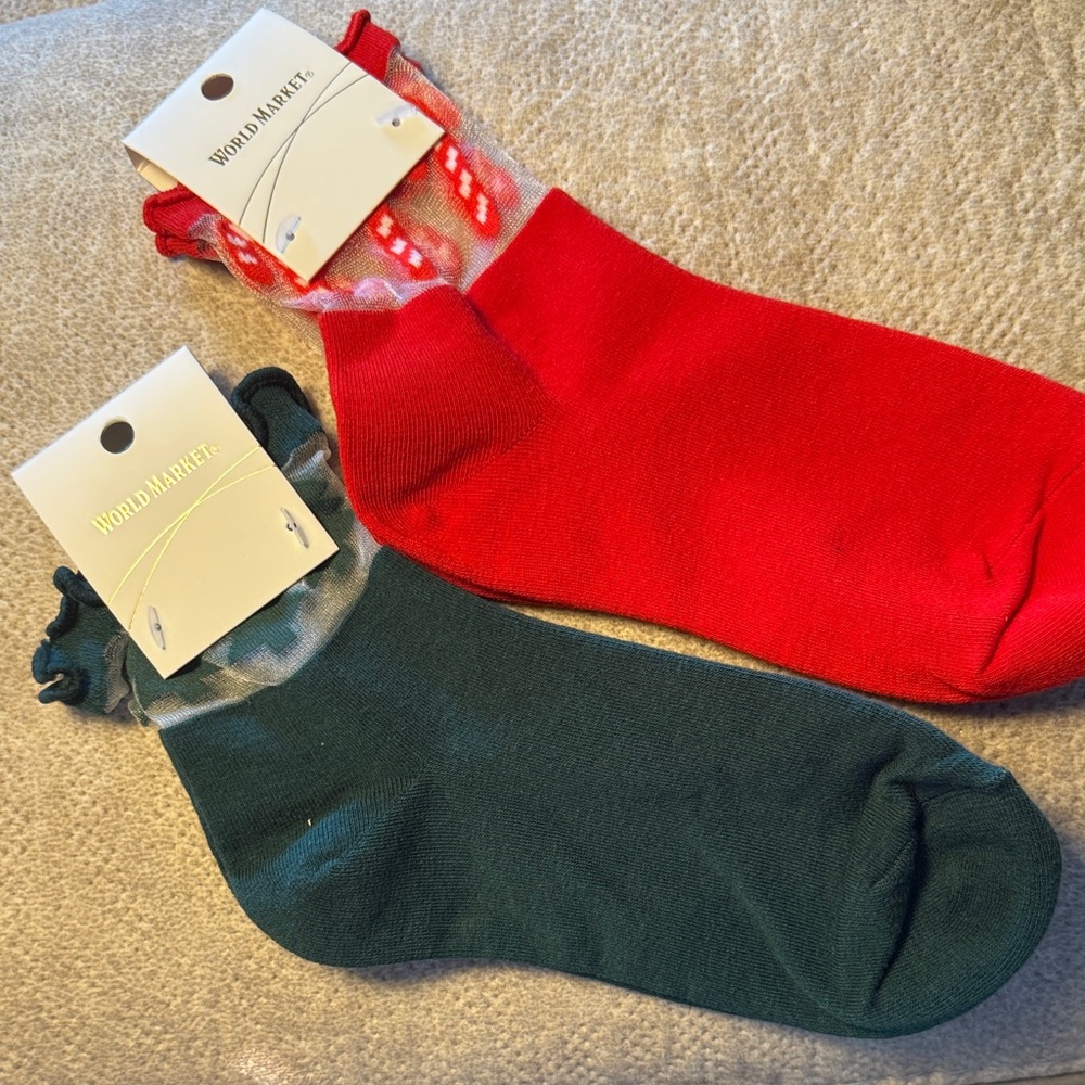 World Market Festive Red Candy Cane and Green Christmas trees socks